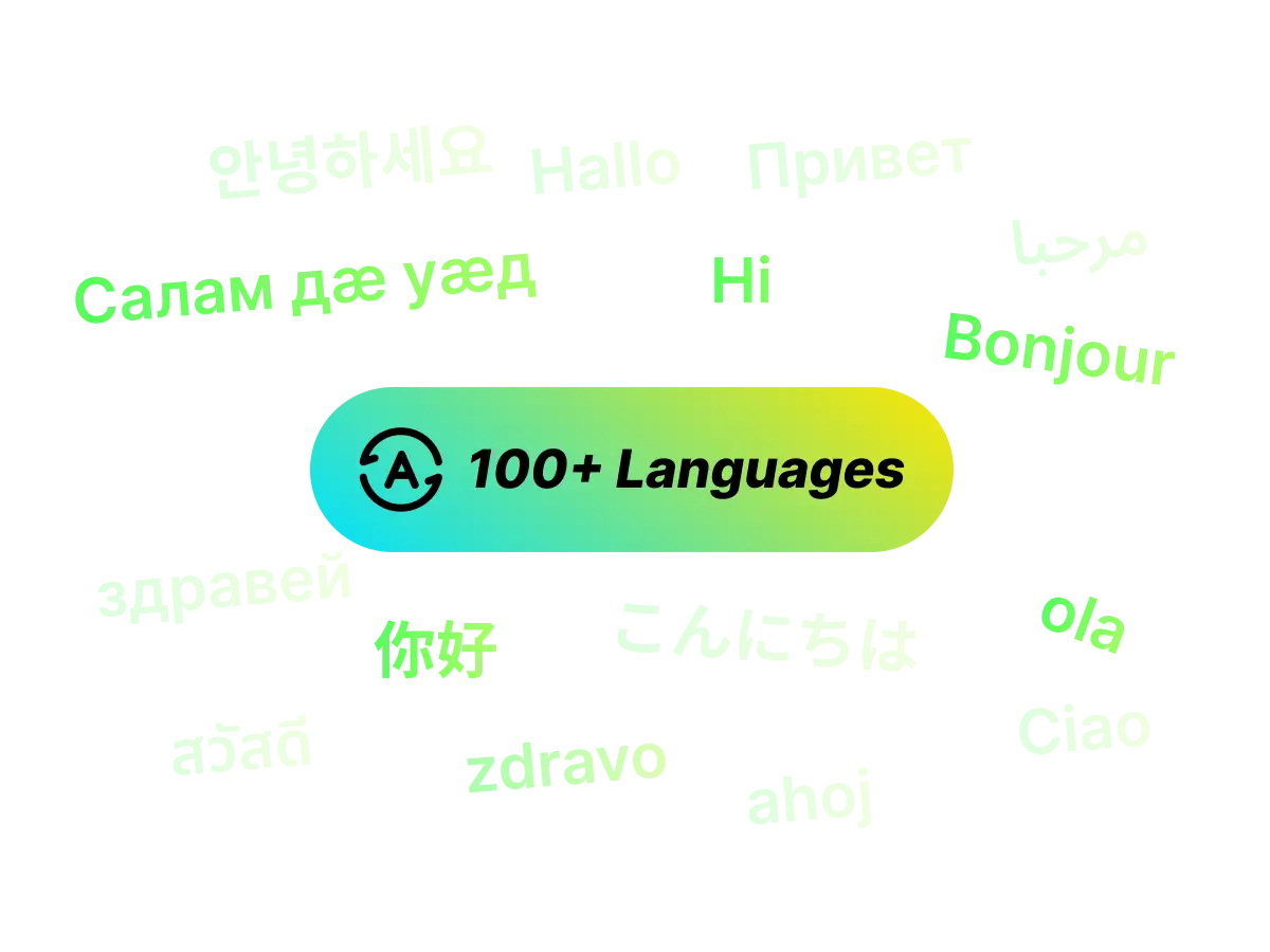 A graphic icon advertising AI-powered translation into over 100 languages, surrounded by greetings in various languages.